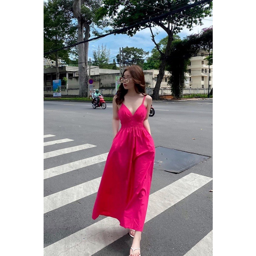 Váy maxi 2 dây hoa nhí phối màu hồng chủ đạo  Váy Đầm