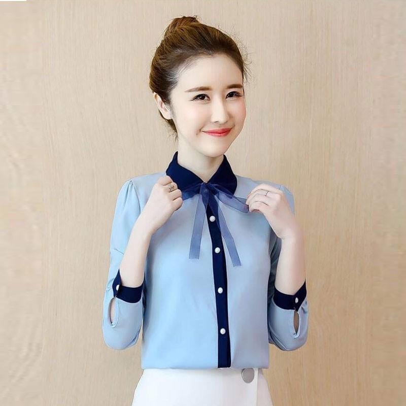 [HCM]Áo Sơ Mi Công Sở Viền Cổ Kèm Nơ