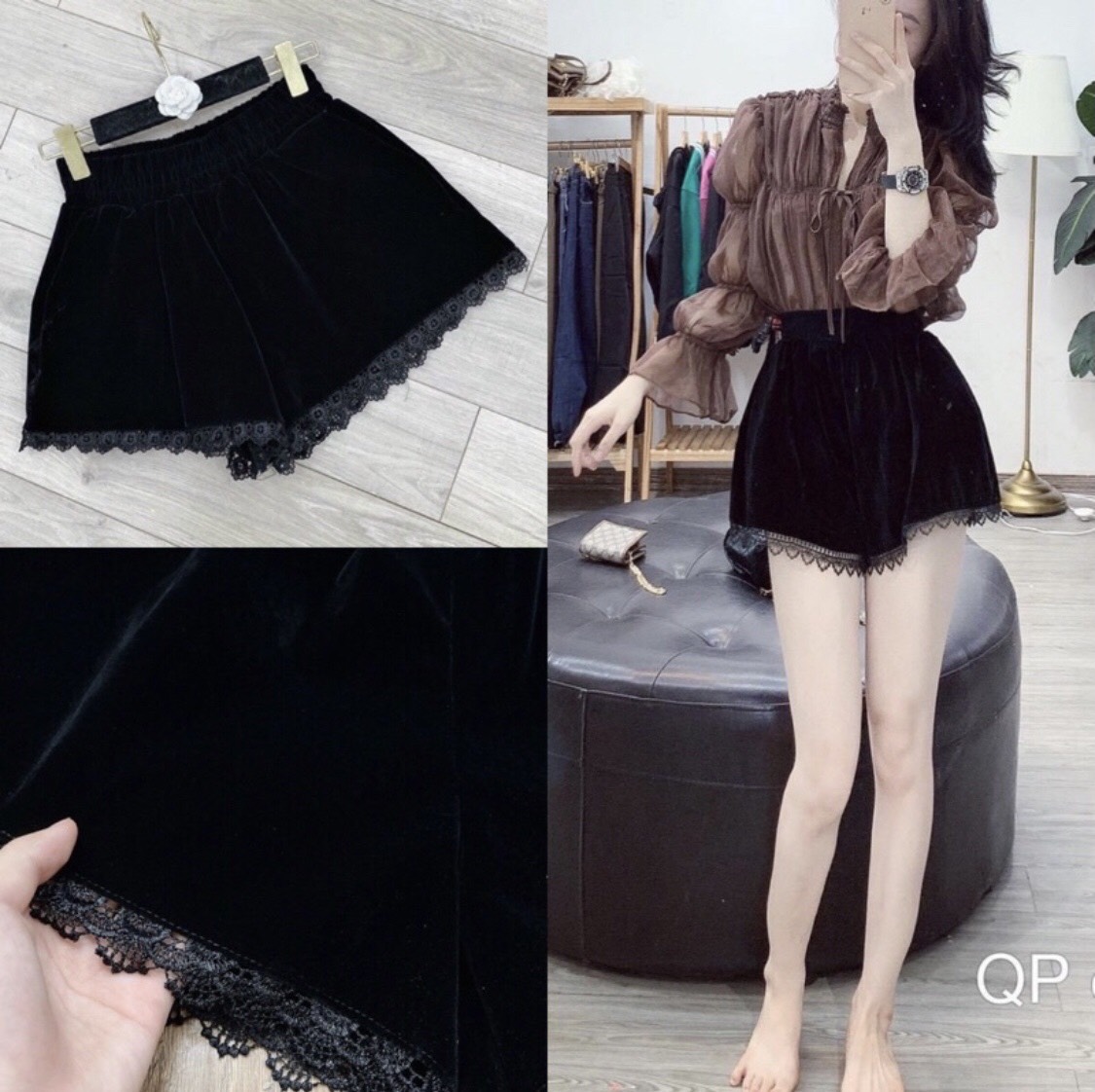 Quần Short Nhung Mịn Lưng Cao Phối Ren Viền KT