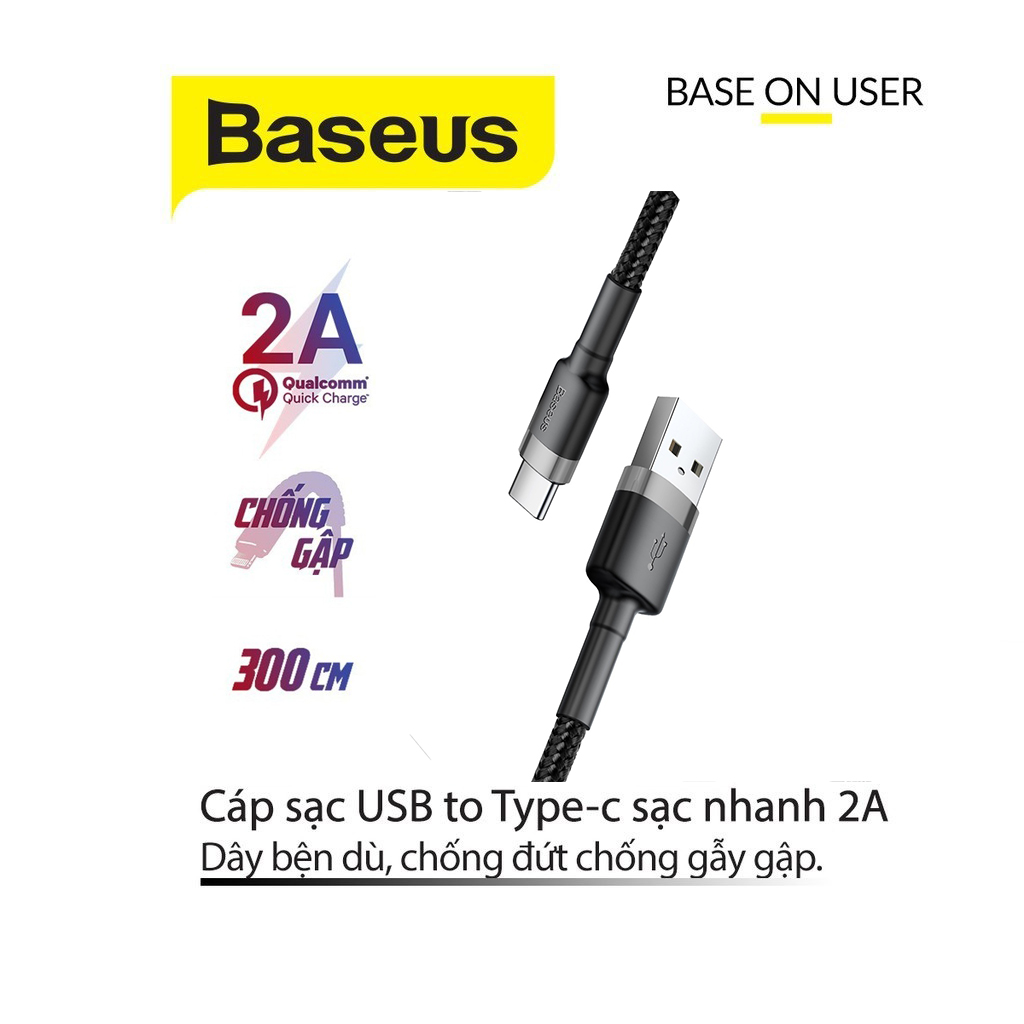 Cáp sạc Baseus Cafule Type-C dây bện chống đứt hỗ trợ truyền dữ liệu dài 1M/2M/3M