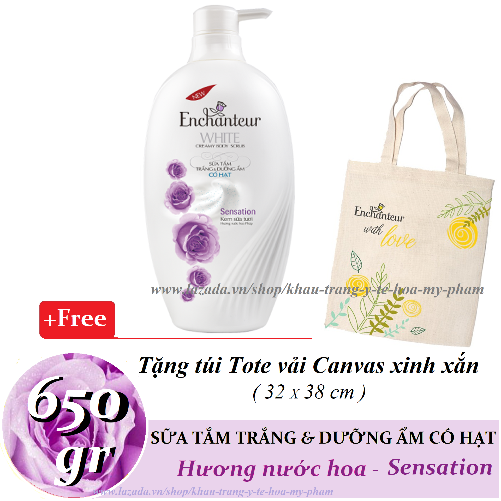 [HCM]Enchanteur - Sữa tắm trắng và dưỡng ẩm CÓ HẠT Sensation 650 gr + Tặng Túi Tote xinh xắn