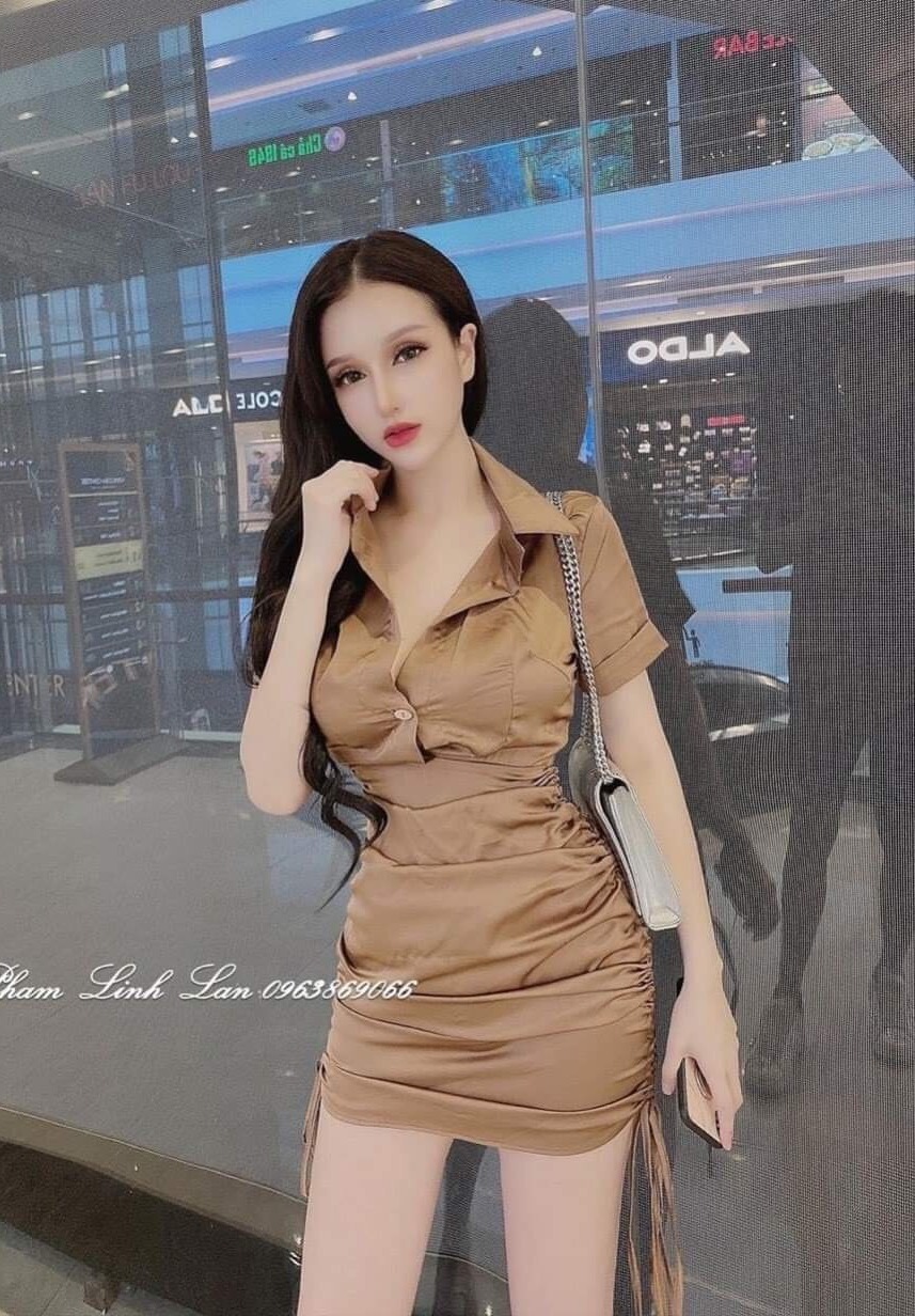 Đầm sơ mi tay ngắn rút dây hai bên hông xinh xắn