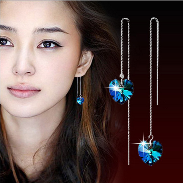Bông tai nữ BO05 - khuyên tai nữ dáng dài mix trái tim pha lê thời trang phiên bản hàn quốc