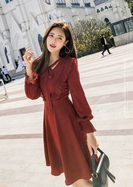 [HCM]Đầm đỏ tay dài phối dập li