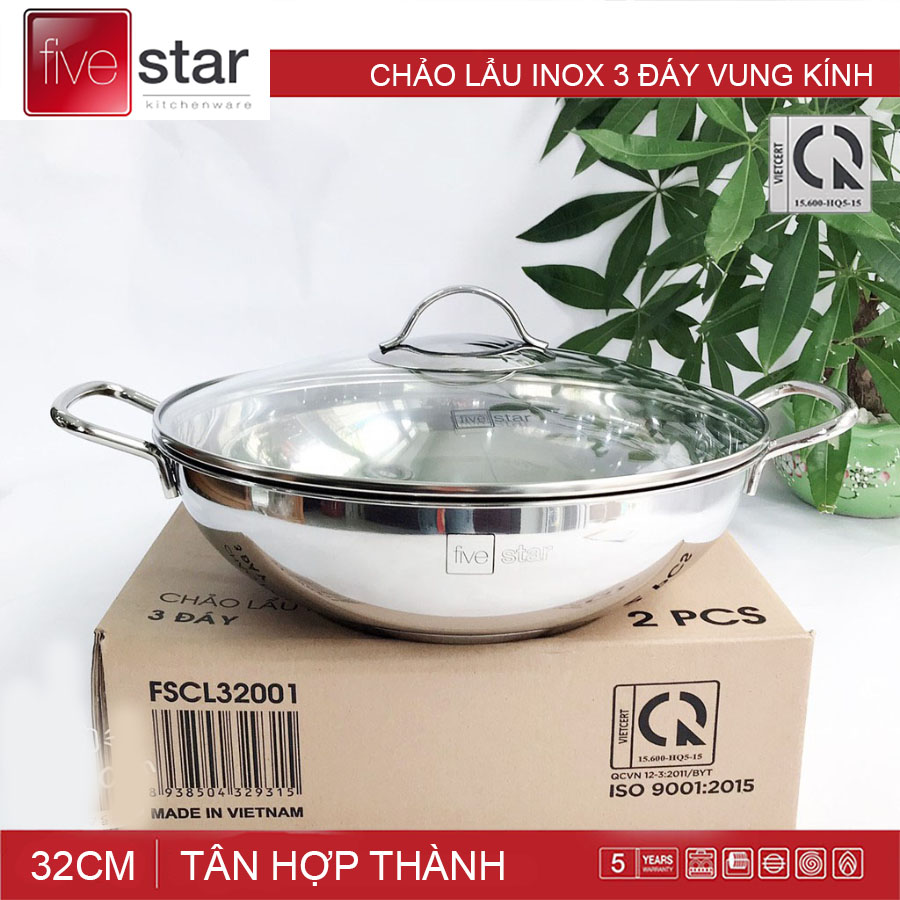 Chảo lẩu inox 3 đáy Fivestar đường kính 32cm vung kính bảo hành 5 năm