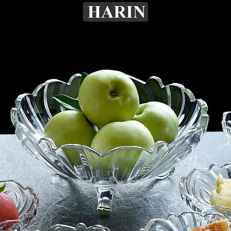 Đĩa Thủy Tinh 3 Chân Đựng Hoa Quả, Thả Hoa Trang Trí Cao Cấp Size 24cm HARIN