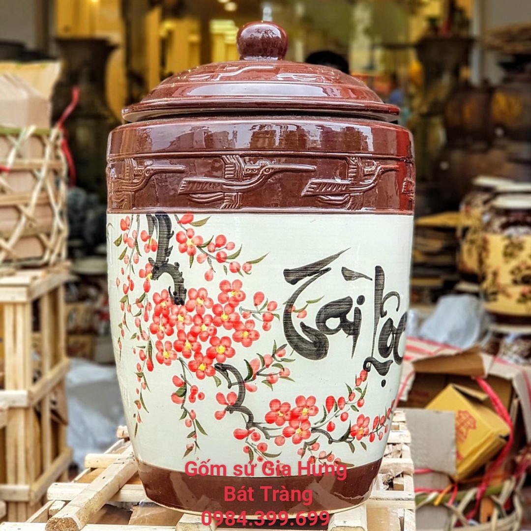 Hũ đựng gạo tài lộc gốm sứ Bát Tràng - 15KG