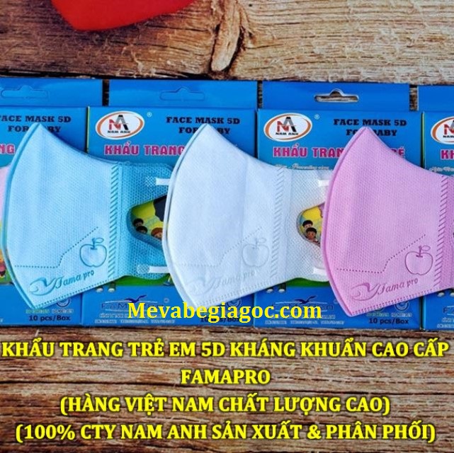 (FREESHIP ĐẾN 50k) (Made in Vietnam) (MÀU TRẮNG) Hộp 10 khẩu trang trẻ em 5D kháng khuẩn cao cấp Famapro (Cty Nam Anh) NAM3