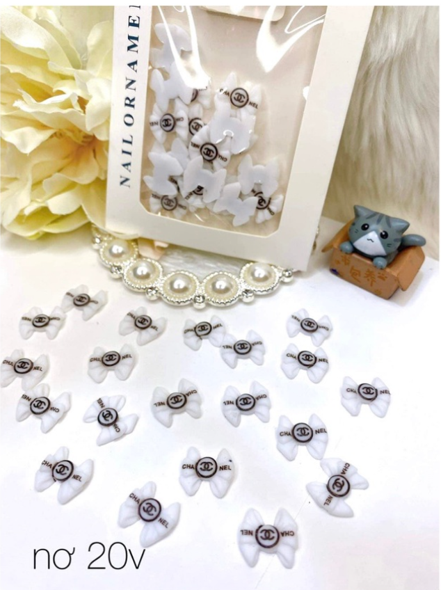 Set nơ Chanel trắng trang trí móng, trang trí nail