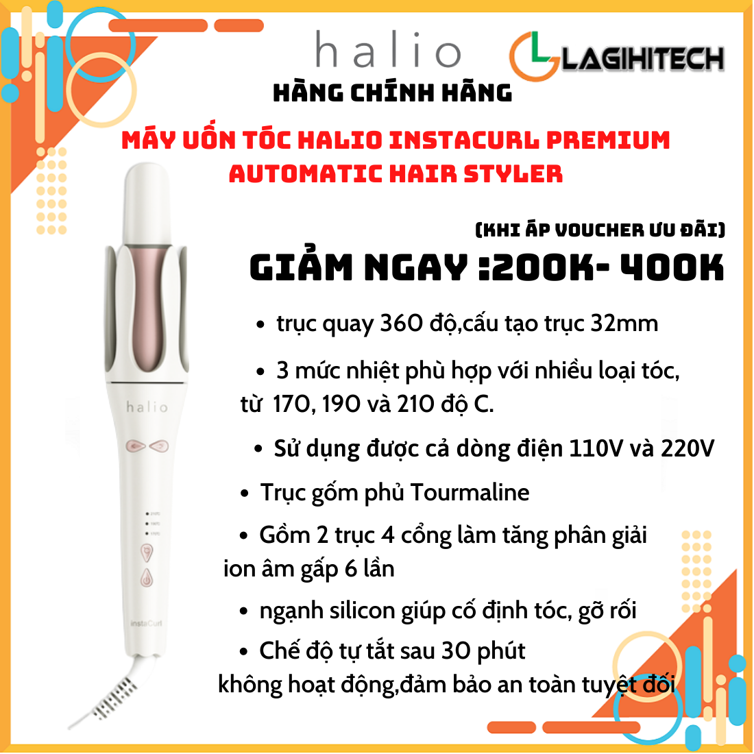 Máy sấy tóc Ion âm Halio Hypersonic Hair Dryer / Máy Uốn Tóc Tự Xoay Ion Âm Halio instaCurl Premium Automatic Hair Style - Hàng Chính Hãng