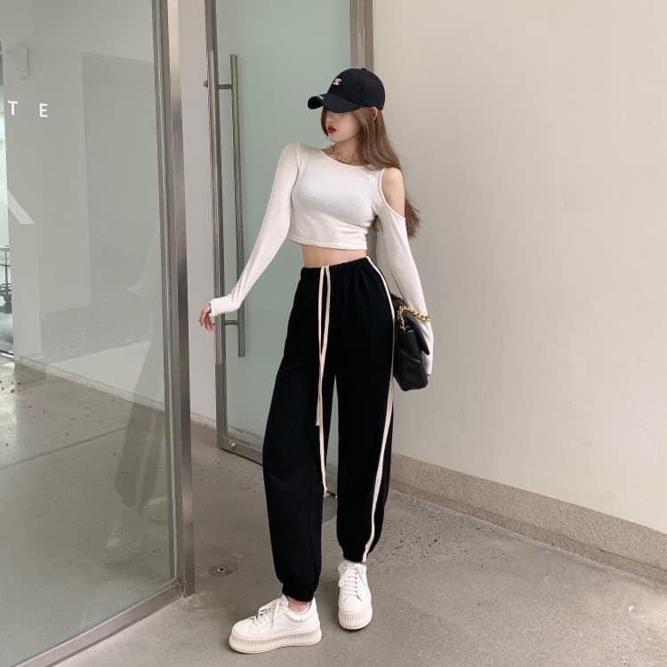 Quần Jogger Nữ Nỉ Tăm Phối Sọc Siêu Ấm