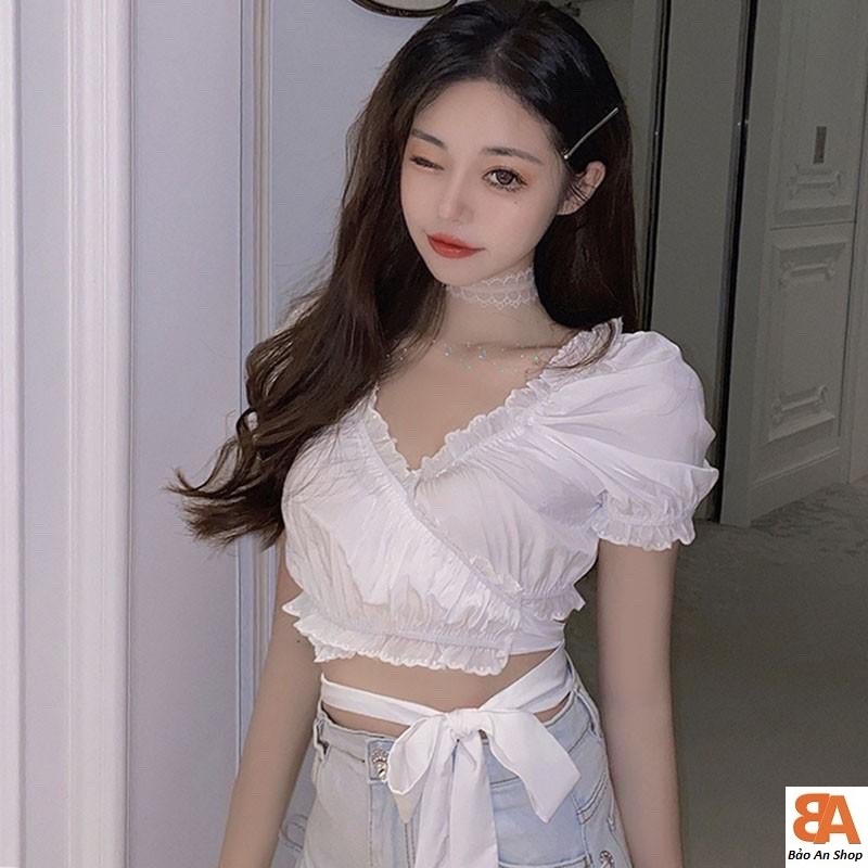 [HCM]Áo kiểu nữ kate lụa nhún dây cột eo croptop FreeSize dưới 53kg
