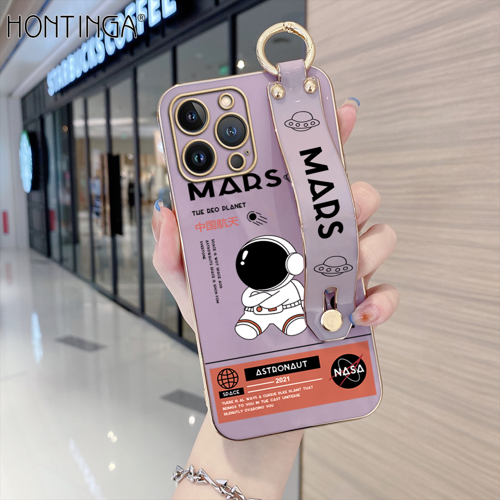Hontinga Casing Case For iphone 11 Pro Max 12 Mini 12 Pro Max 13 Mini 13 Pro Max Case Cute Space Astronaut Luxury Chrome Plated Soft TPU Square Phone Case Full Cover Camera Protection Anti Gores Rubber Cases For Girls