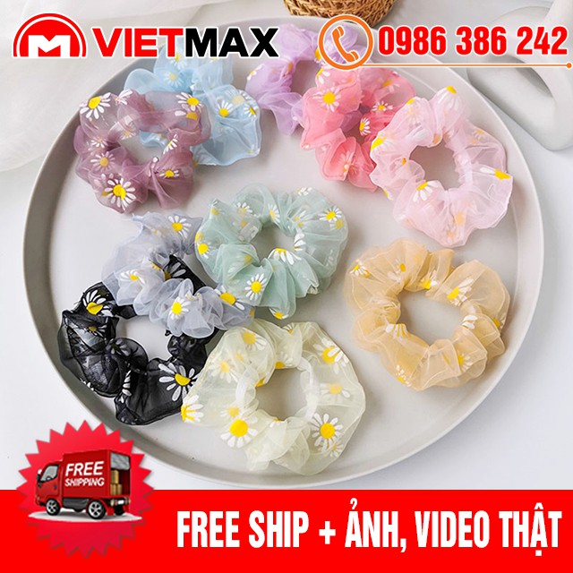 Dây Buộc Tóc Vải Hoa Cúc, Cột Tóc Scunchies Co Giãn Hàn Quốc