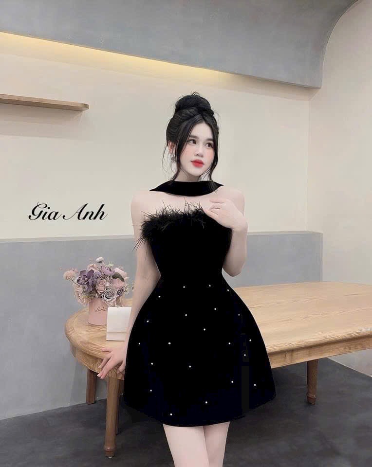 Đầm nhung dáng ngắn phối lông cúp ngực quyến rũ dự tiệc, Đầm nhung mix đai cổ dáng váy ngắn chữ A xinh xắn DX
