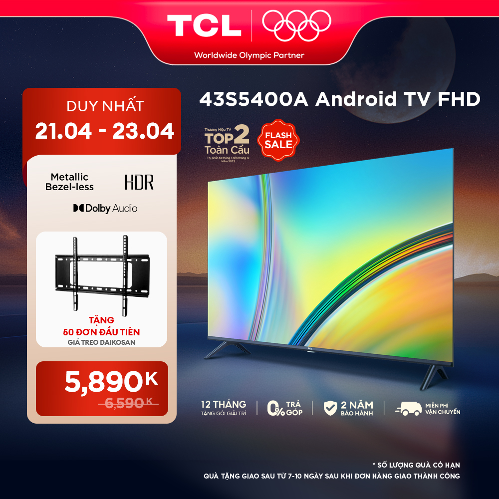 [ 21-23/4 MEMBER DAY SALE 5890K TẶNG 50 ĐƠN ĐẦU TIÊN GIÁ TREO TV CHO DÒNG TV 32-43NCH ] Android TV Full HD TCL 43inch - 43S5400A - Smart TV - Hàng chính hãng - Bảo hành 2 năm