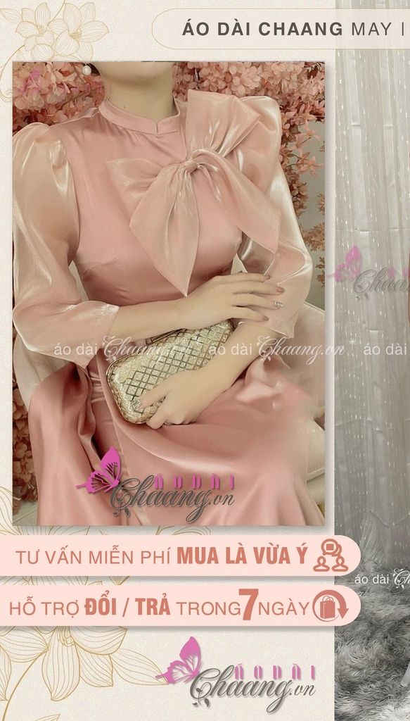 Áo dài tơ bóng mềm ⚡ FREESHIP ⚡ Áo dài 4 tà đính nơ kiểu cổ truyền thống vai bồngÁo dài Chaang