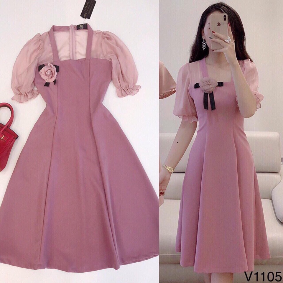 Đầm xòe dự tiệc phối voan kèm hoa siêu xinh