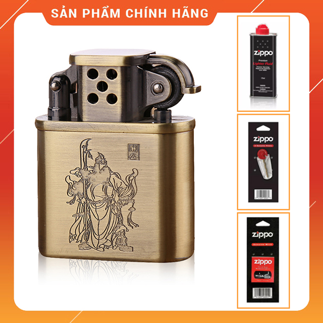 Hộp Quẹt Bật Lửa Xăng Đá Dolphin HY676 Khắc Quan Vũ, Màu Vàng Đồng (KHÔNG CHỨA XĂNG GAS)