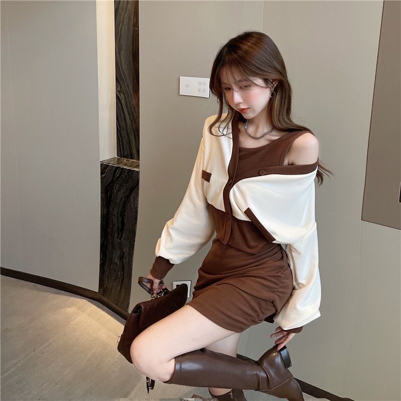 Set 2 món đầm ba lỗ + áo khoác phối màu
