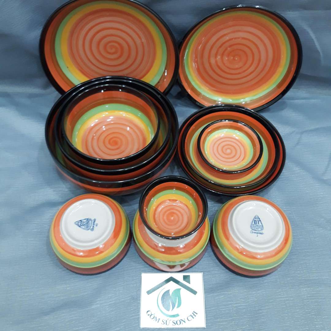 Bộ 12 món gốm sứ tô chén dĩa cầu vòng (gồm 3 chén cơm, 4 size dĩa, 3 size tô, 1 tương, 1 chấm)