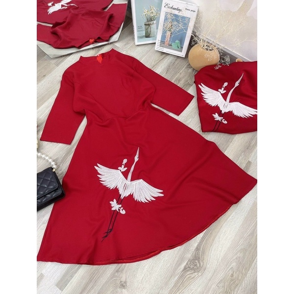 Đầm đỏ cổ tàu - m,l,xl,xxl - shop táo đỏ bigsize 50kg-90kg