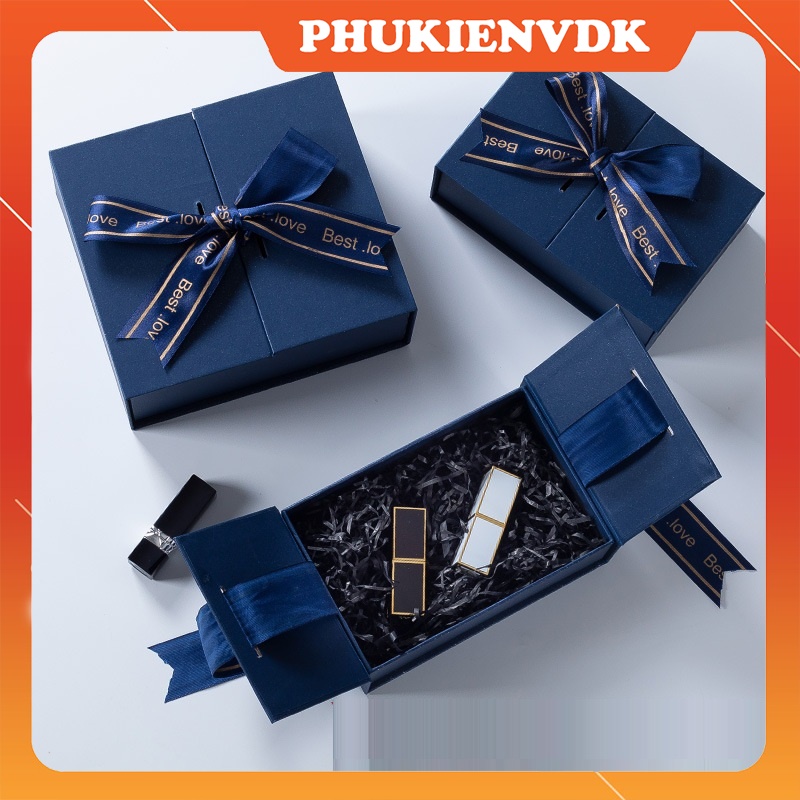 Hộp quà tặng hộp đựng quà mỹ phẩm son thắt nơ màu xanh dương cao cấp