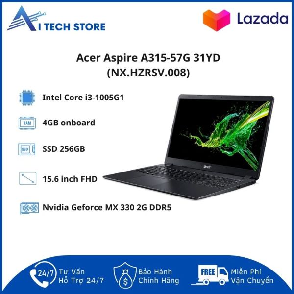[Freeship] Laptop Acer Aspire A315-57G-31YD 15.6inch FHD (NX.HZRSV.008)/ Core i3-1005G1/ RAM 4GB Onboard/ 256GB SSD/ 3 Cell/ Win 10H/ 1 Yr/ Black -AI Tech Store- AI113 Hàng Chính Hãng, Mỏng Nhẹ, Cấu Hình Ổn Định Dùng Cho Văn Phòng, Thiết Kế