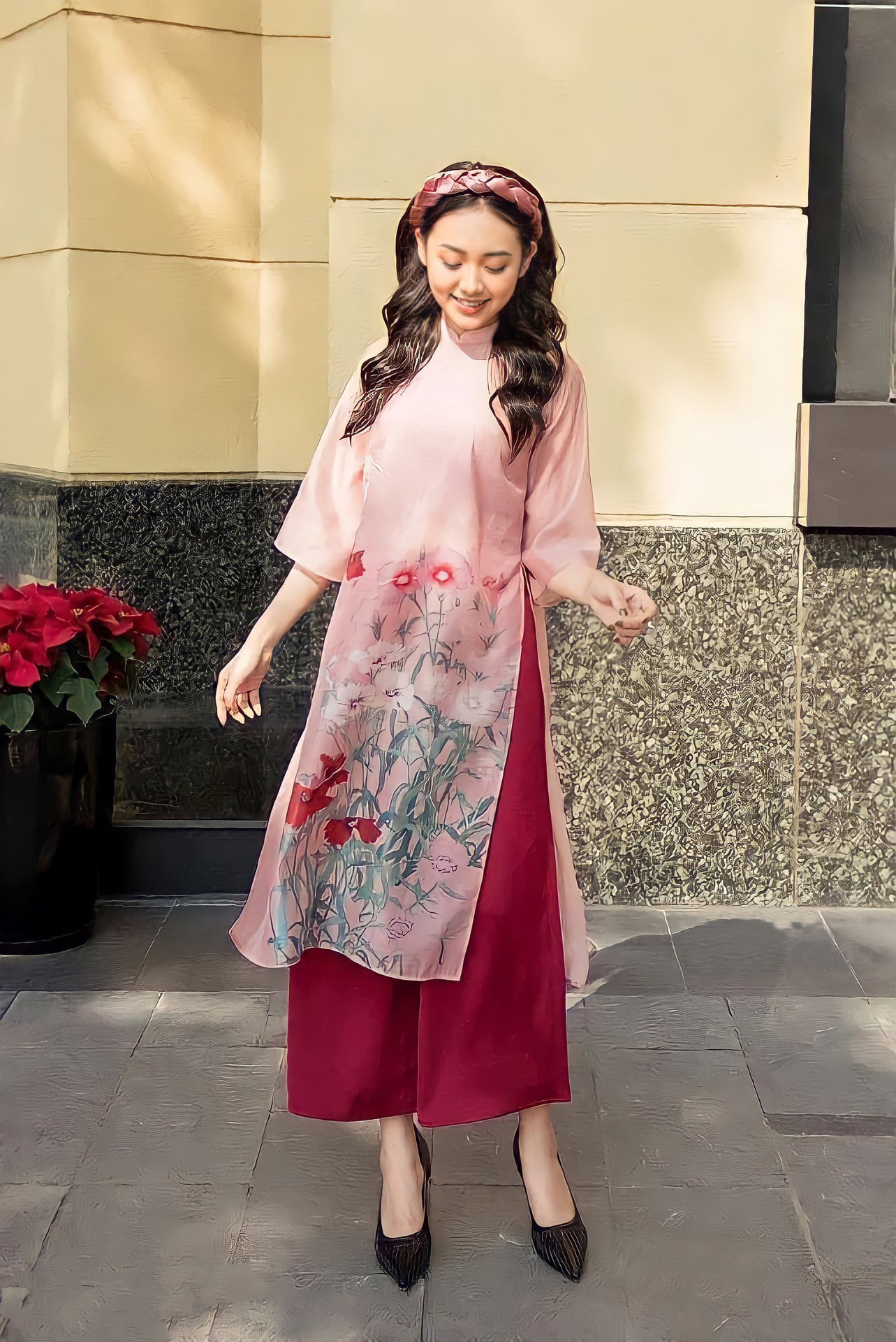 Áo Dài Cách Tân Nữ 4 Tà Dáng Suông Tay Ngắn Cổ Cao AD02