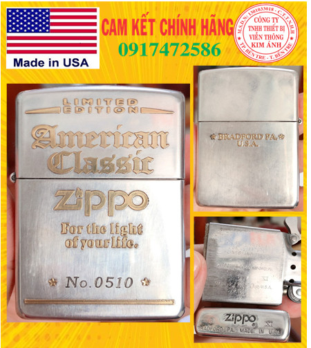 Bật lửa zippo mỹ lake bạc đắp nổi triện vàng 2 mặt, full nắp american classic zippo, bản giới hạn no.0510