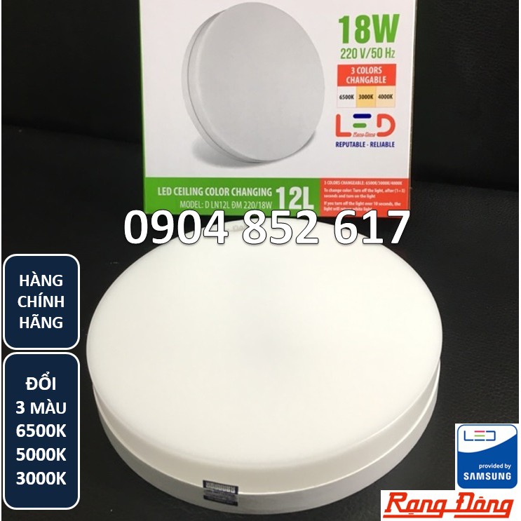 Đèn ốp trần led đổi 3 màu, rạng đông 18w 220mm, chipled samsung, korea