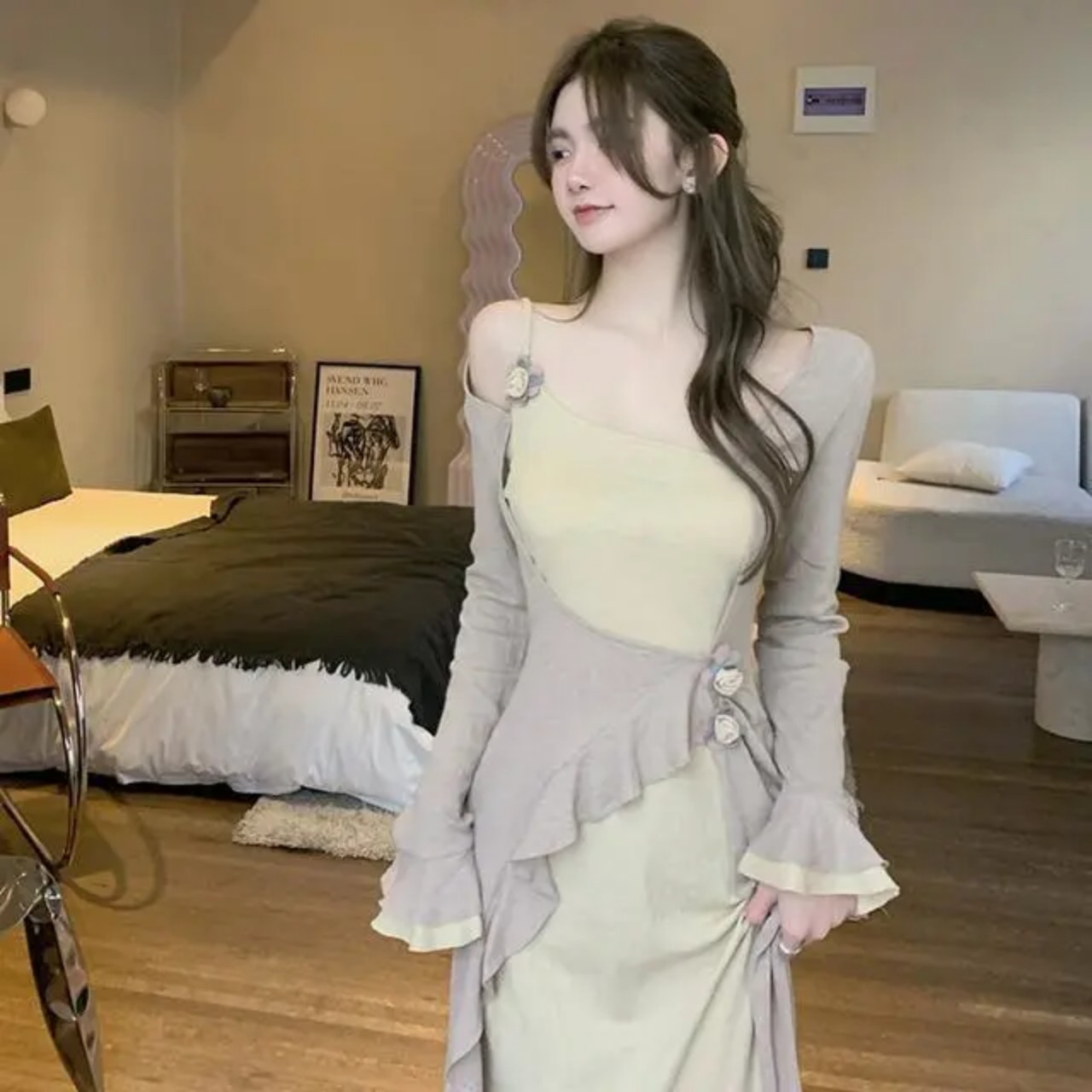 Đầm Dài Trễ Bên Vai Nữ Tính Phong Cách Tiểu Thư