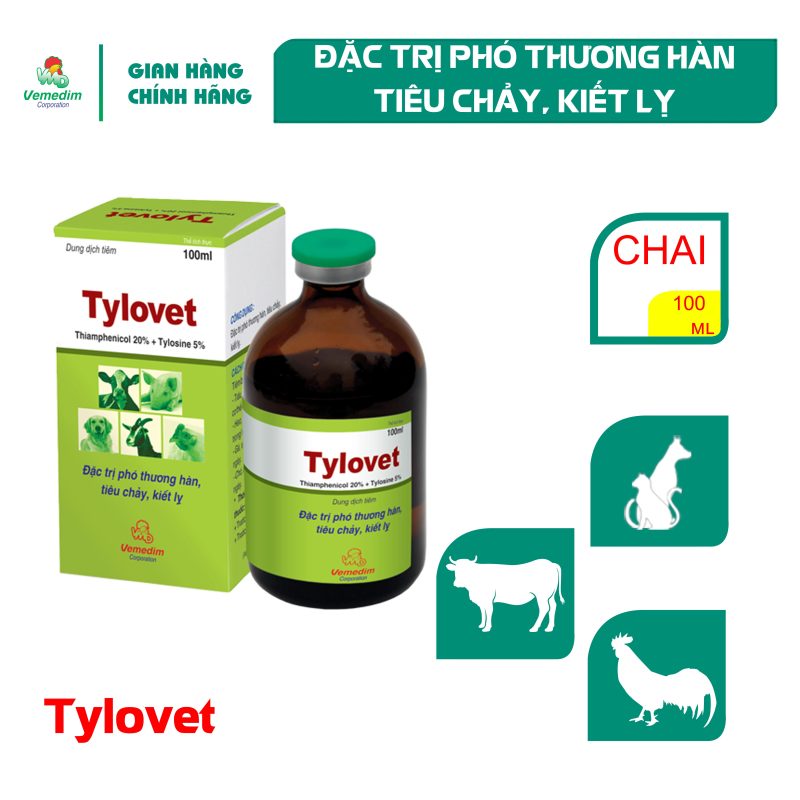 Vemedim Tylovet dùng tiêm bắp phòng tiêu chảy cho chó, mèo, chai 100ml