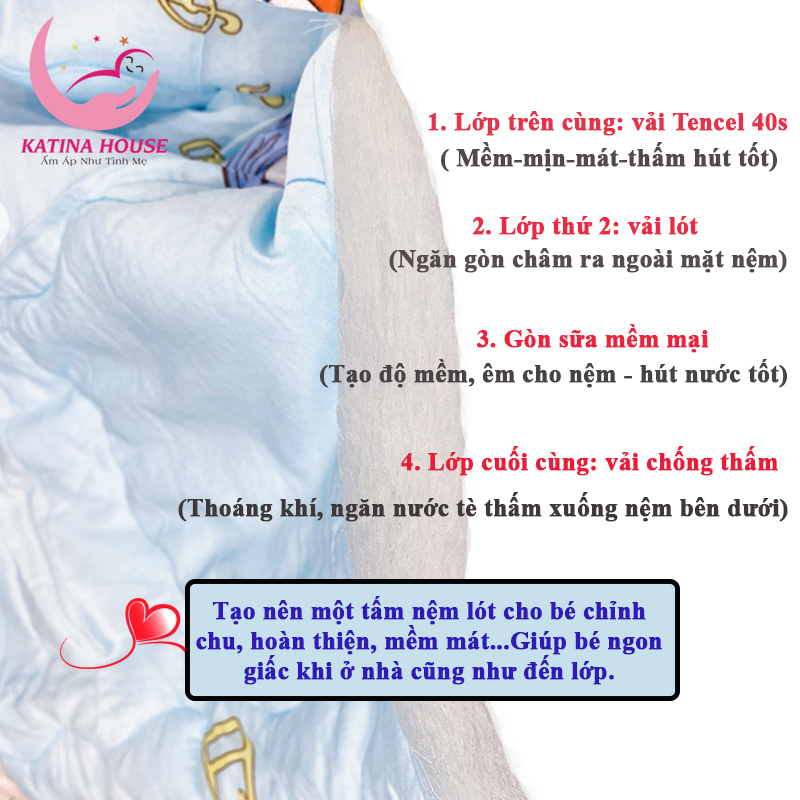Bộ gối nệm cho bé đi học Katina House, vải Tencel cực mềm mát, họa tiết đáng yêu, nhiều kích cỡ