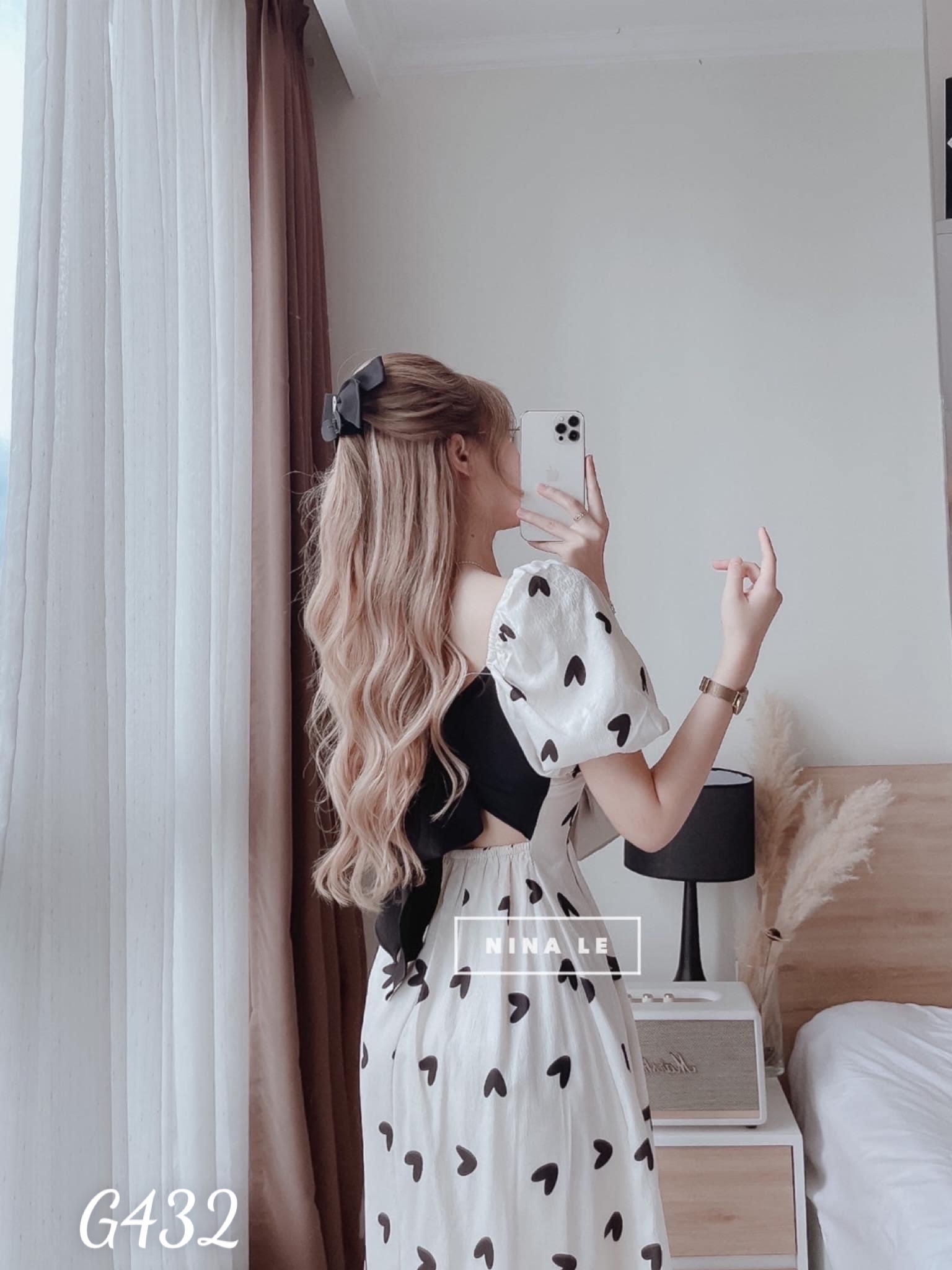 Đầm voan lụa nữ in trái tim cột nơ lưng dáng xoè g432