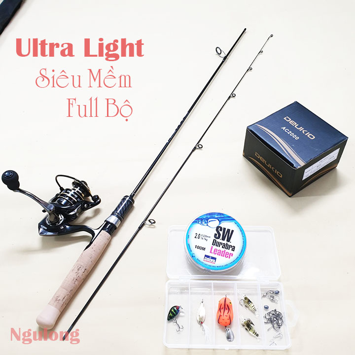 Bộ cần câu máy Lure UL 1m68 và 1m8 + Máy Câu Cá kim loại Deukio AC 2000 + dây dù câu lure + hộp mồi câu lure - Mồi Ruồi 3d + Mồi Thìa + mồi tôm giả + phụ kiện câu cá, Cần câu cá câu suối, câu cá mương, cá cháp ( Ngu Long )