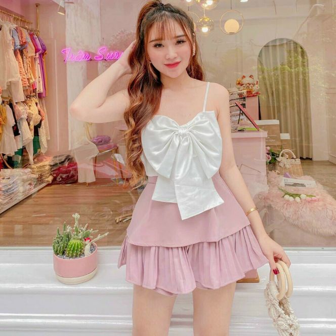 SÉT ÁO KIỂU HAI DÂY#HOT ÁO NƠ TRƯỚC NGỰC KÈM CHÂN VÁY FORM 45KG