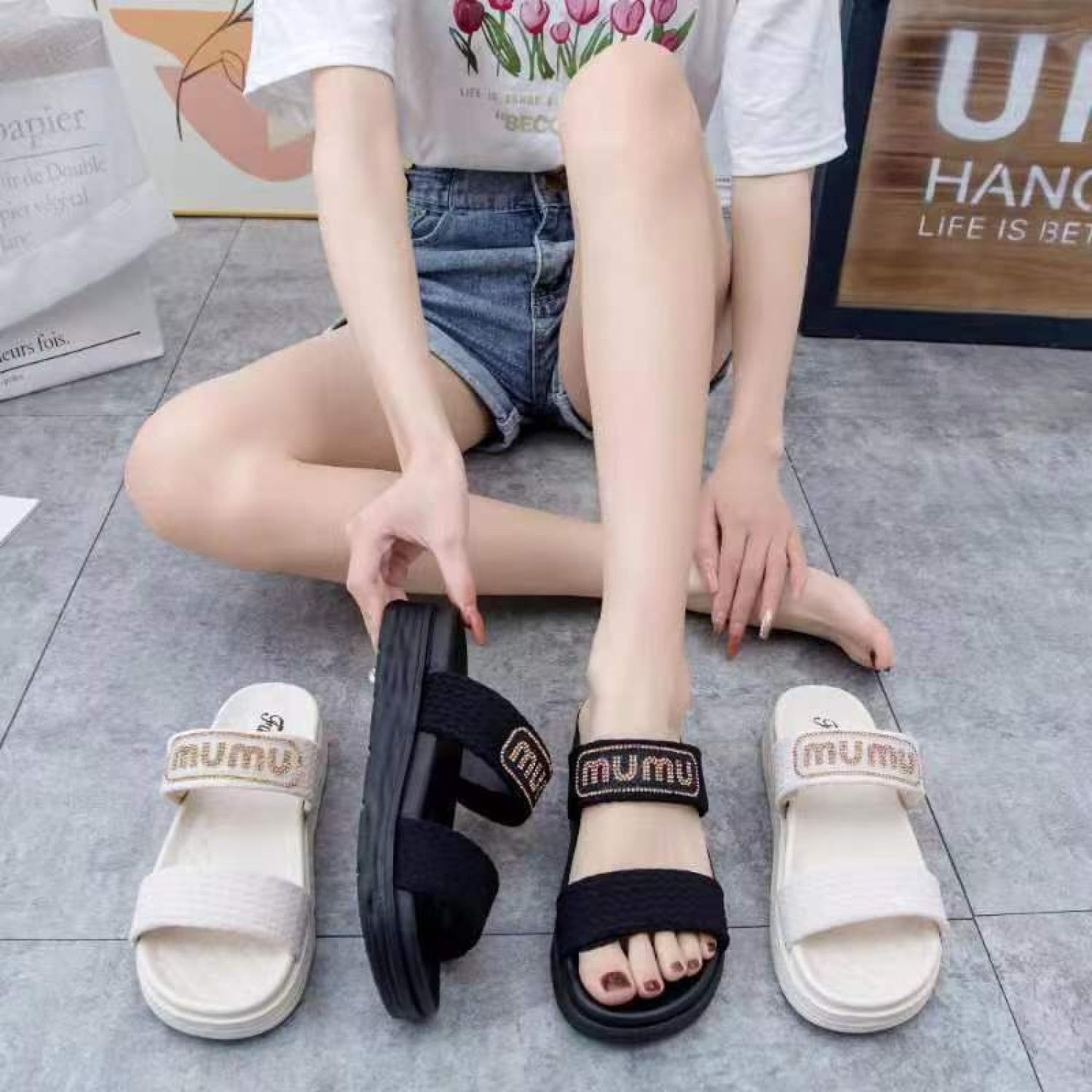 Dép Thời Trang Nữ MUMU 2 Quai Vải Đính Cườm Đế 4cm-Tăng 1 Size