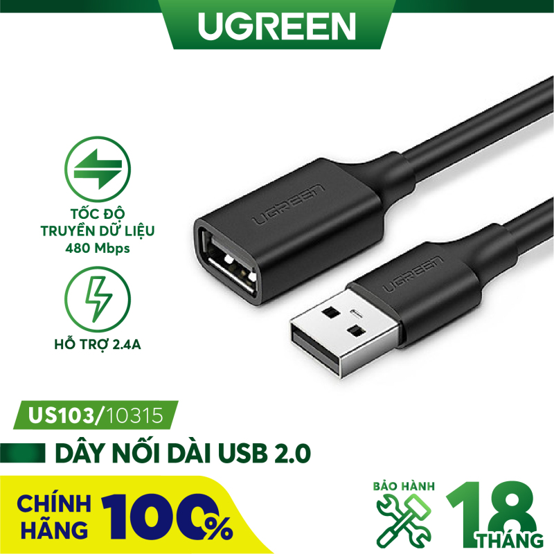 Dây nối dài USB 2.0 (1 đầu đực 1 đầu cái) dài 1.5m UGREEN US103 10315 - Hàng phân phối chính hãng - Bảo hành 18 tháng