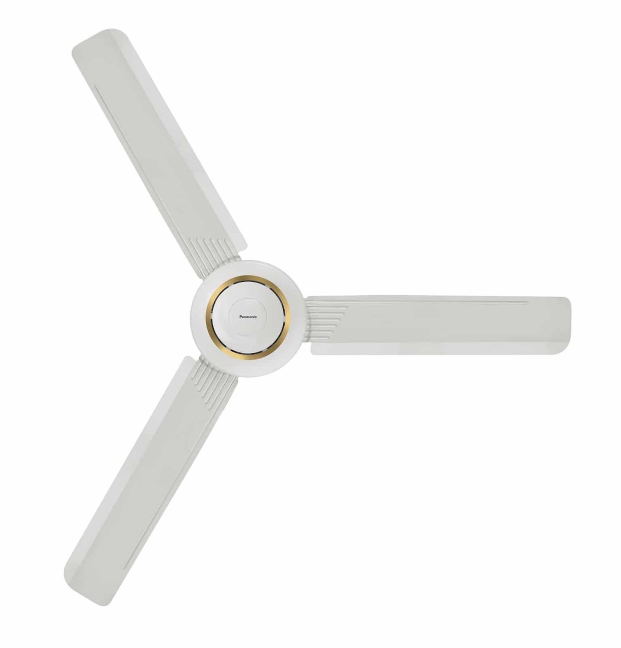 Quạt trần Panasonic F-60MZ2 có thiết kế 3 cánh quạt, màu trắng trục motor màu trắng có viền vàng , điều khiển bằng hộp số