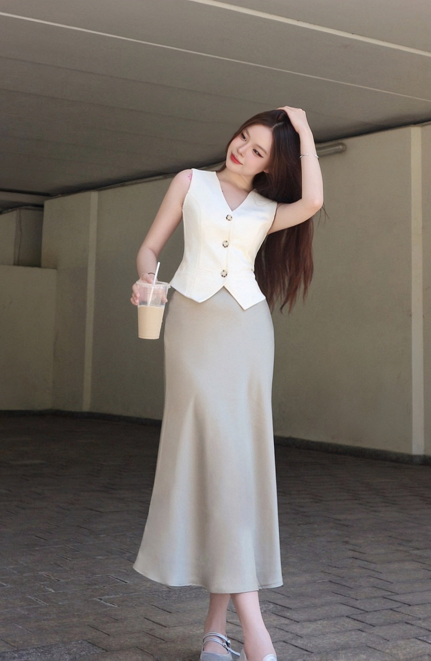 Chân váy lụa dài La Boutique cạp trễ hai lớp cao cấp