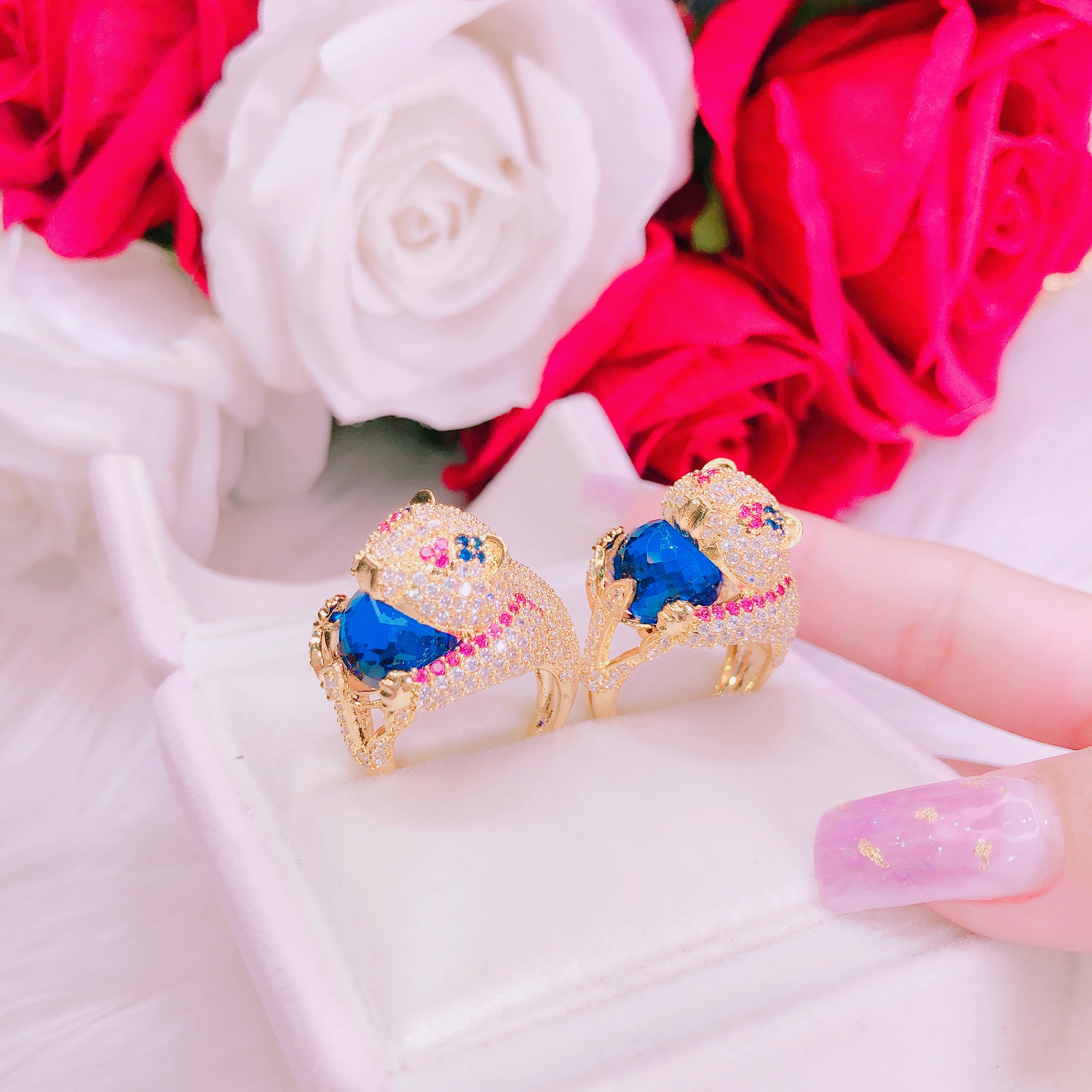 Nhẫn nữ vàng 18k GADO N036 nhẫn dát vàng thật cao cấp gấu siêu dễ thương ngậm ngọc pha lê màu sắc lung linh lấp lánh rực rỡ sang trọng