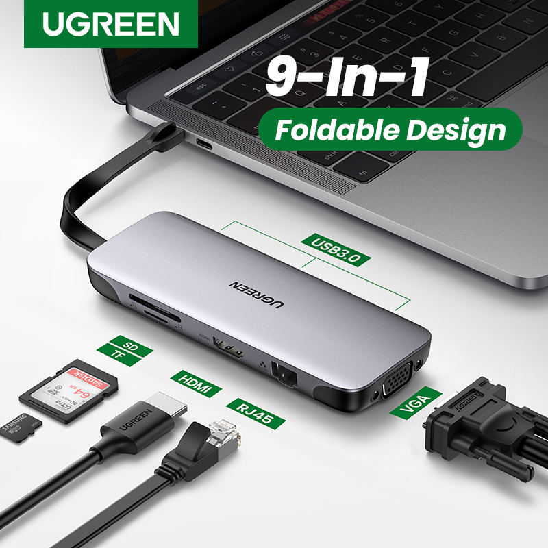UGREEN USB C Hub 9 in 1 USB Type C HDMI Multiport Adapter Dock with 4K HDMI VGA Gigabit Ethernet PD Charging 3 USB 3.0 Ports SD Card Reader Compatible for MacBook Pro Air 2020 2019 2018 Dell XPS