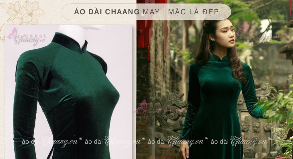 Áo dài nhung xanh, áo vải nhung co giãn tốt lê dáng ĐẸP 100%