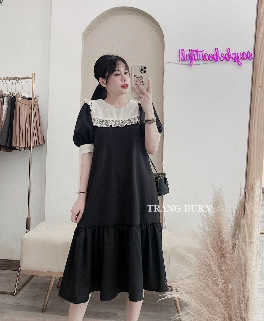 [HCM]Đầm bầu công sở đen phối ren cao cấp