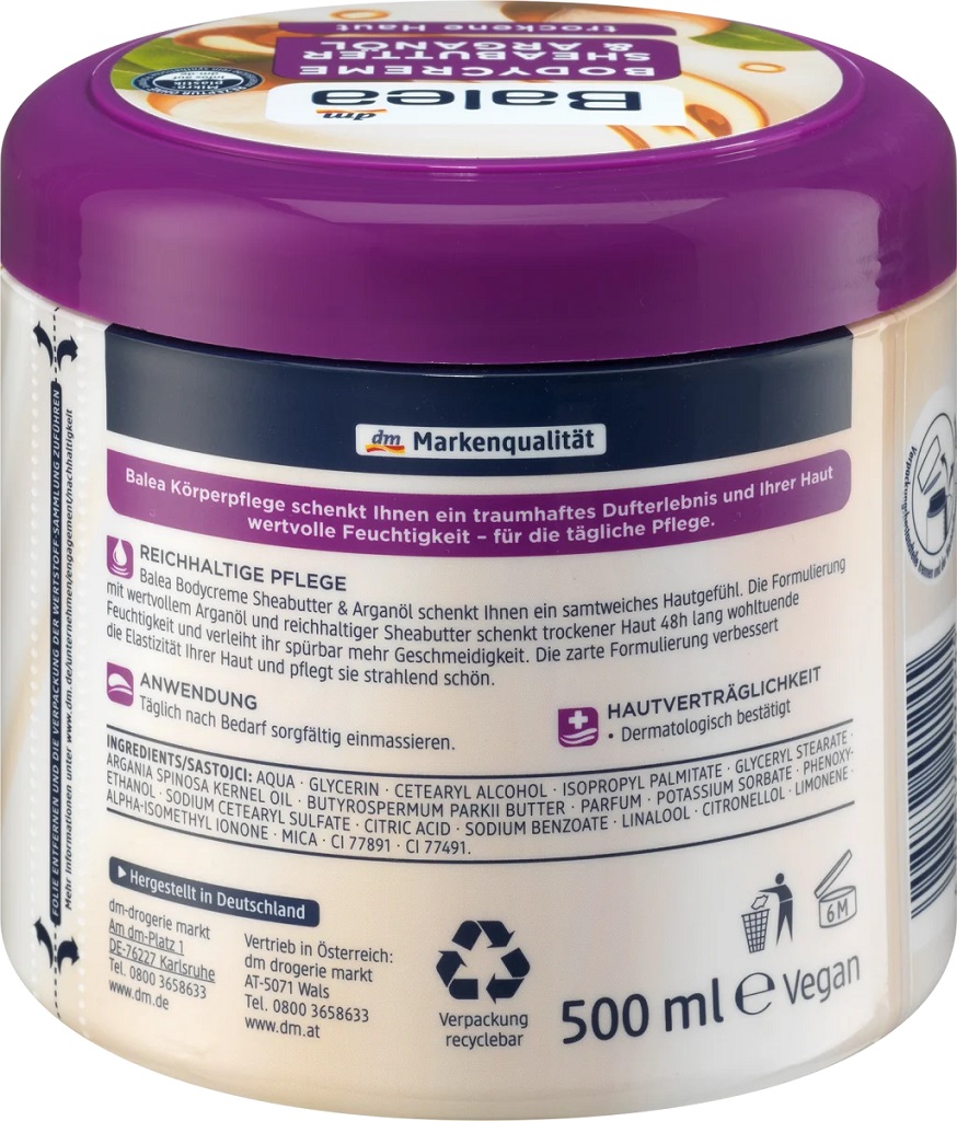 Kem Dưỡng Thể Balea Bodycreme Sheabutter & Arganol, 500 ml