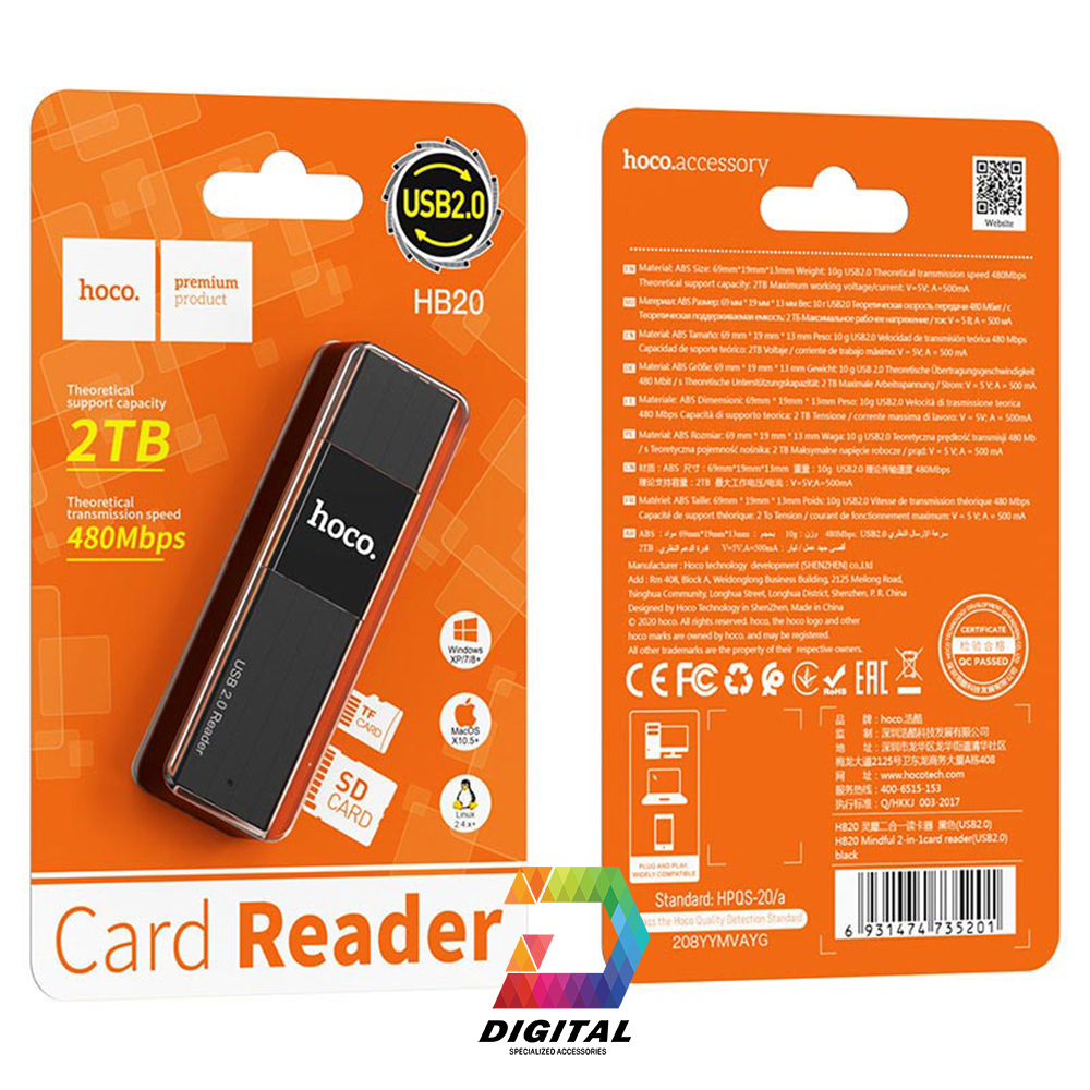Đầu Đọc Thẻ Nhớ 2.0 / 3.0 Hoco HB20 Chính Hãng, Khe Cắm Thẻ SD & Micro SD