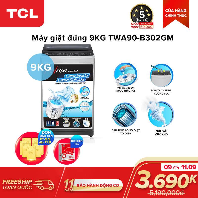 Bảng giá Máy Giặt TCL 9,0Kg Lồng Đứng TWA90-B302GM . Dòng Máy Giặt Cao Cấp Với Thiết Kế Lồng Giặt Tổ Ong, Siêu Rộng , Chế Độ Vắt Cực Khô. Hàng Chính Hãng . Bảo Hành 2 Năm Điện máy Pico