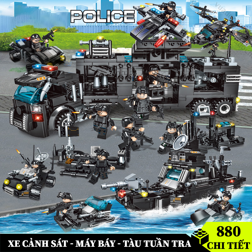 Bộ đồ chơi lắp ráp cảnh sát 820 chi tiết, lắp ráp mô hình robot, máy bay đội đặc nhiệm swat đồ chơi cho bé