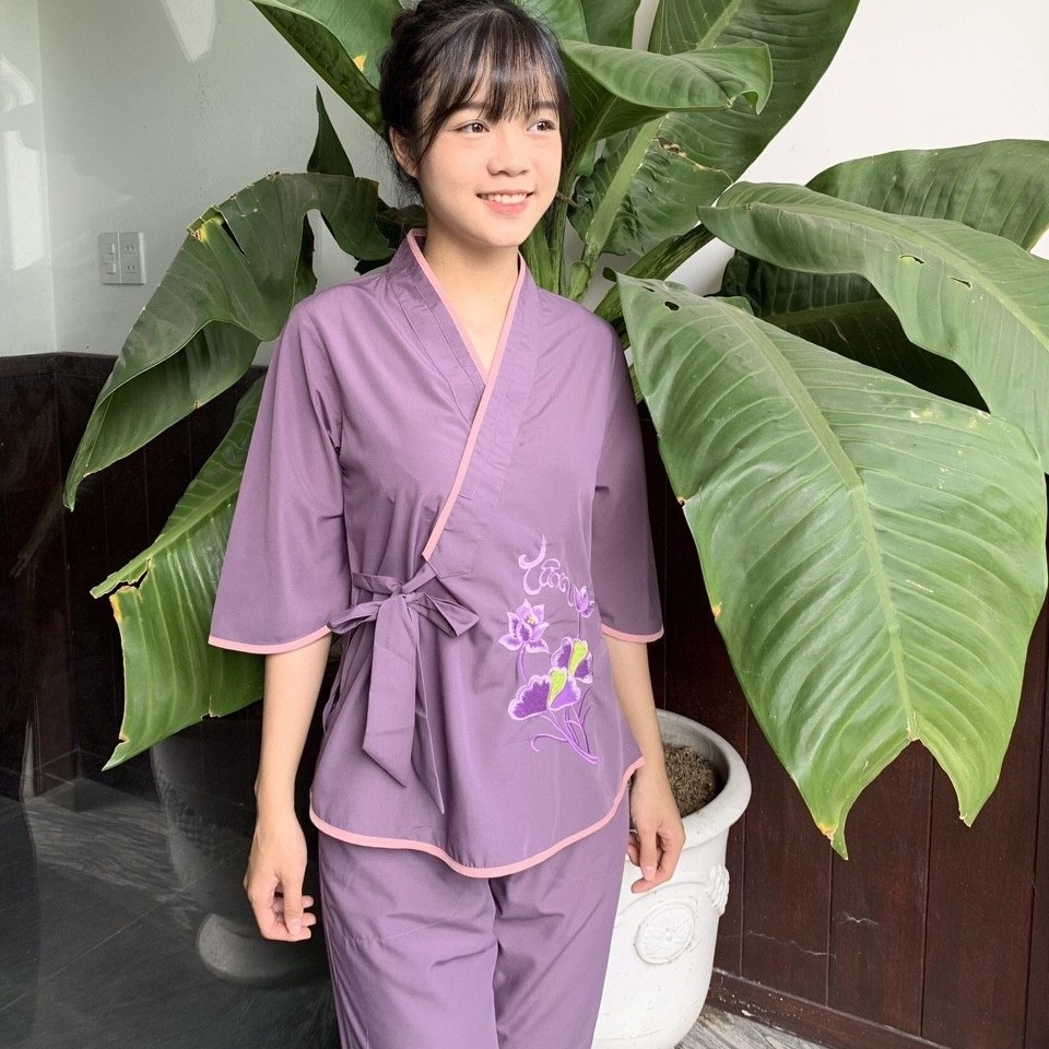 Quần Áo Phật Tử, Đồ Lam Phật Đi Chùa Nữ, đồ bộ mặc nhà mẫu xéo nơ mã PN41C